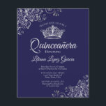 Papier Fancy Silver & Navy BUDGET Quinceañera Invitation<br><div class="desc">Ces invitations abordables et abordables Quinceañera sont le choix parfait pour la classe, le style et la beauté sur un budget. Le design est composé d'un arrière - plan marine ou bleu nuit, avec une couronne argentée et des boucles et tourbillons gris argenté dans les coins. La typographie comprend des...</div>