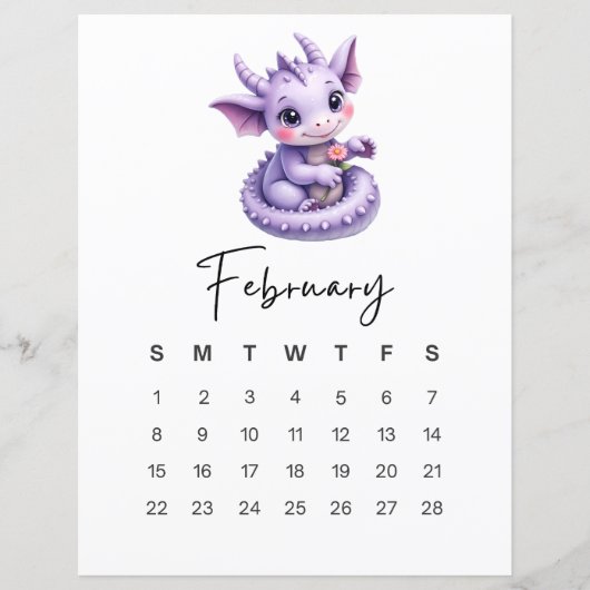 Papier February Baby Dragon Cute Fantasy Monthly Calendar (Devant)