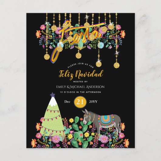 Papier Feliz Navidad Fiesta Invitation Folk Flowers Burro (Devant)