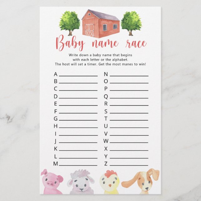 Papier Ferme - Jeu de course de nom de bébé (Devant)