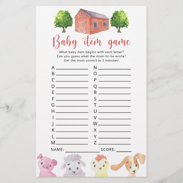 Papier Ferme - Jeu d'objets pour bébé. Jeu de Baby Shower (Devant)