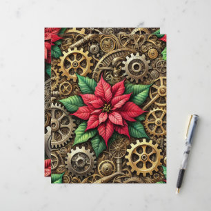 Papier Festif Steampunk Clockwork Engrenages avec Poinset