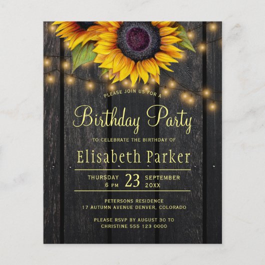 Papier FÊTE D'ANNIVERSAIRE thème tournesols bois rustique (Devant)