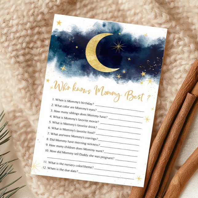 Papier Fête de Bébé Étoile Dorée Lune Douche Qui Connaît  (Over The Moon Baby Shower Game)