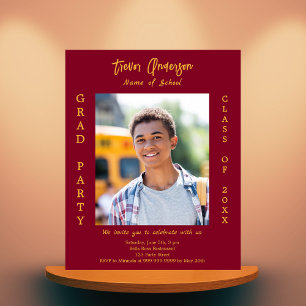 Papier Fête de graduation burgundy or photo invitation