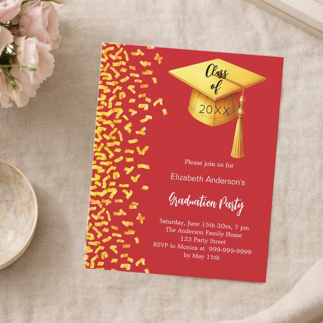 Papier Fête de graduation rouge or confetti invitation (Créateur téléchargé)