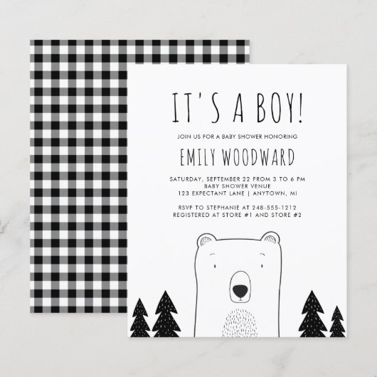 Papier Fête de naissance garçon ours bois rustique (Devant / Derrière)