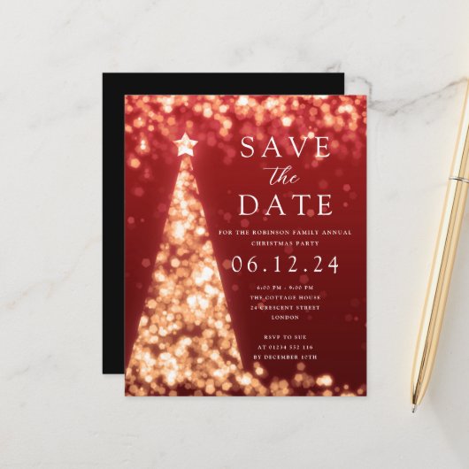 Papier Fête de Noël Enregistrer La Date Arbre d'Or Invita (Devant/Arrière en situation)