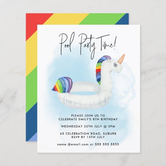 Papier Fête de piscine d'été Licorne Arc-en-ciel Annivers (Devant / Derrière)