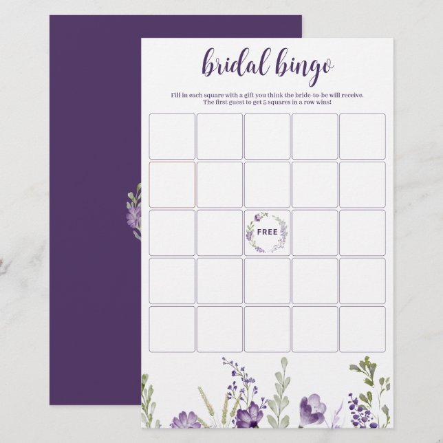 Papier Fête des mariées Bingo Jeu Purple Lavender Floral (Devant / Derrière)
