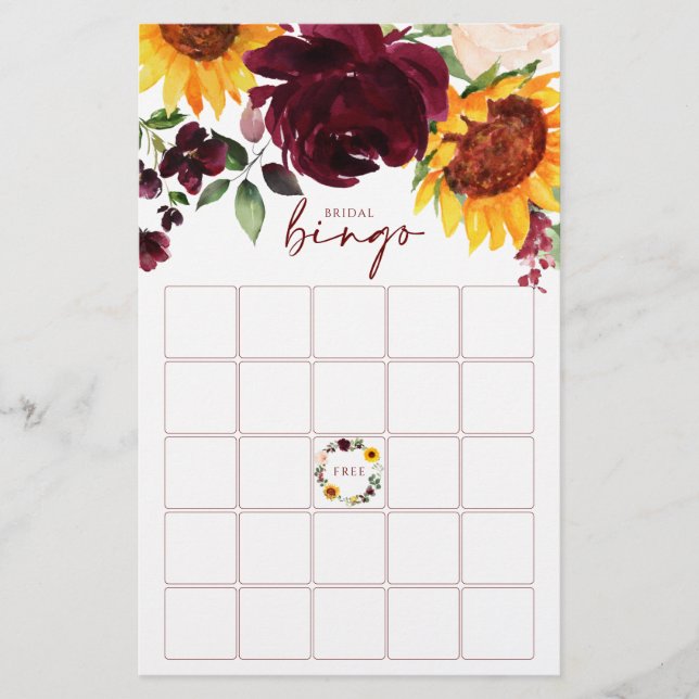 Papier Fête des mariées Bingo Jeu Sunflowers Bourgogne Ro (Devant)