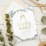 Papier Fête des mariées Budget Brunch & Bubbly Eucalyptus<br><div class="desc">Le design moderne comprend une couronne de feuilles d'eucalyptus à l'aquarelle peinte à la main, une illustration de deux lunettes de champagne, "brunch & bubbly" en écriture de faux écriture or, et les détails de votre fête dans la typographie moderne. Cliquez sur "Personnaliser" pour modifier le libellé. Un design polyvalent,...</div>