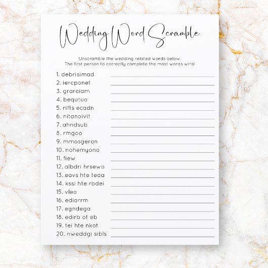 Papier Fête des mariées de script moderne Jeu Word Scramb