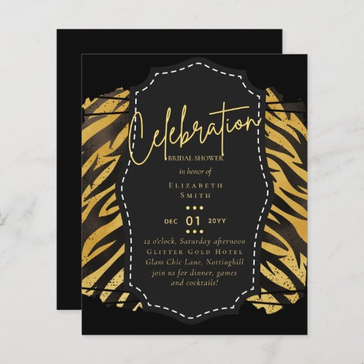 Papier Fête des mariées en or noir brillant Invitations (Devant / Derrière)