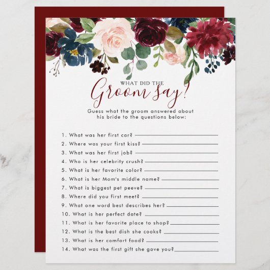 Papier Fête des mariées florale Qu'est-ce que la chambre (Devant / Derrière)