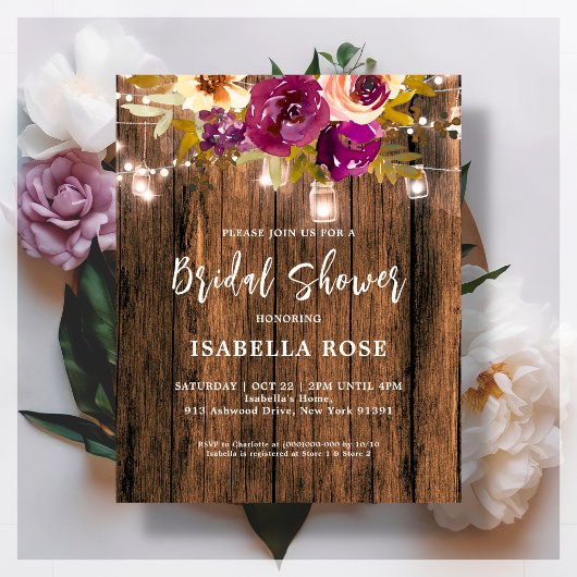 Papier Fête des mariées Florale Rustique Bois Invitation 