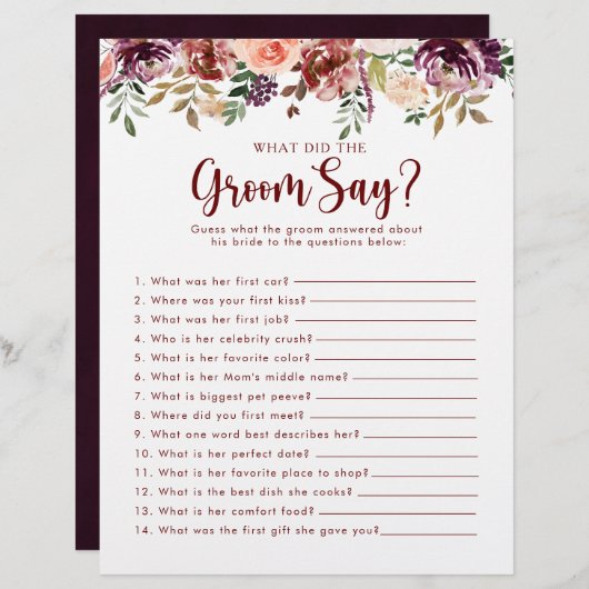 Papier Fête des mariées florale rustique Qu'est-ce que la (Devant / Derrière)