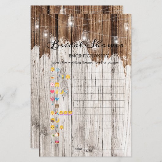 Papier Fête des mariées Jeu Emoji Pictionary Bois rustiqu (Devant / Derrière)