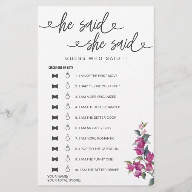 Papier Fête des mariées Jeu Il A Dit Qu'Elle A Dit Devine (Devant)