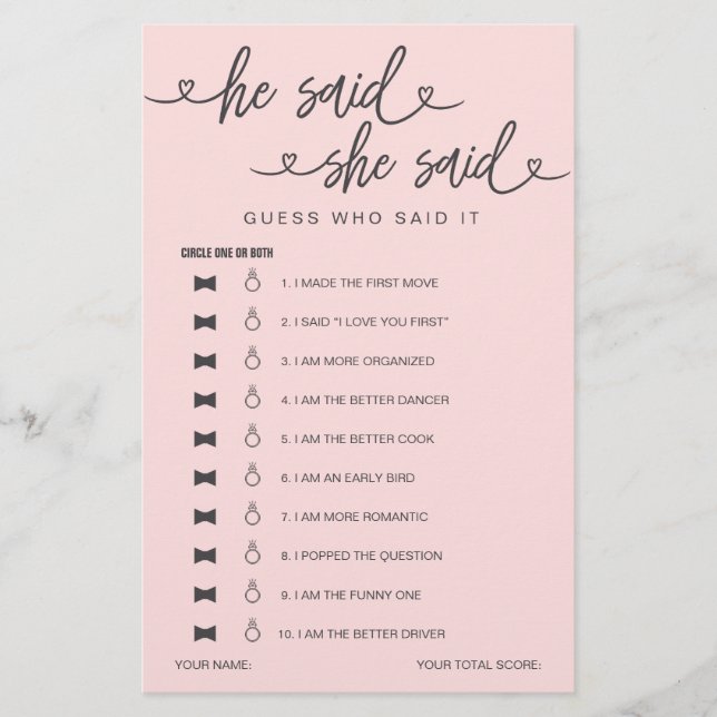 Papier Fête des mariées Jeu Il A Dit Qu'Elle A Dit Devine (Devant)