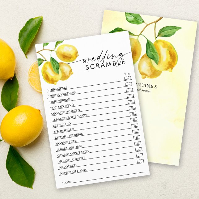 Papier Fête des mariées Jeu Lemon Watercolor Scramble (Keep guests engaged at your pre-wedding event with our vibrant lemon wedding scramble game.)
