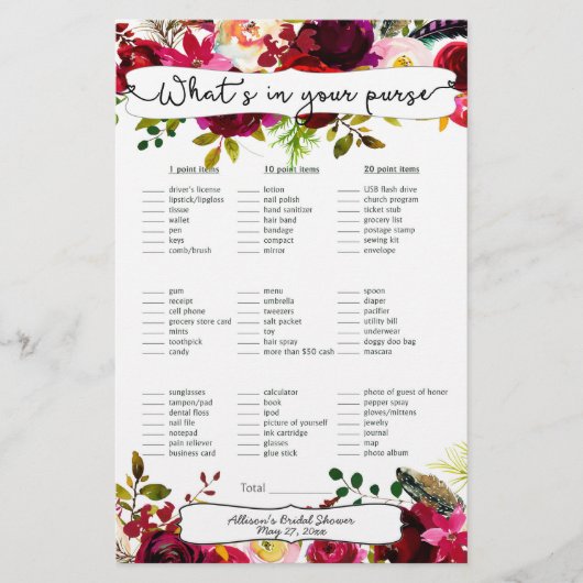 Papier Fête des mariées Jeu sac / bingo, bordeaux floral (Devant)