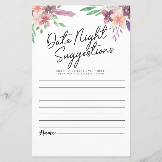 Papier Fête des mariées Jeux Date Nuit Suggestions Floral (Devant)