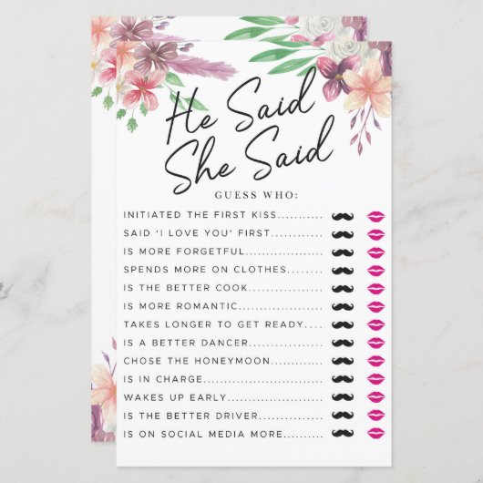 Papier Fête des mariées Jeux Il A Dit Qu'Elle A Dit Game (Devant / Derrière)