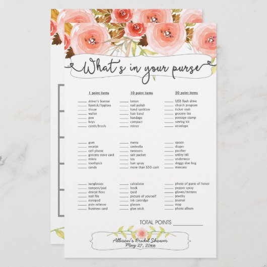 Papier Fête des mariées Jeux sac / bingo, floral roux (Devant / Derrière)