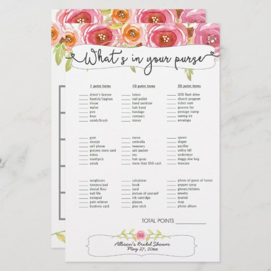 Papier Fête des mariées Jeux sac bingo, rose floral 3605 (Devant / Derrière)