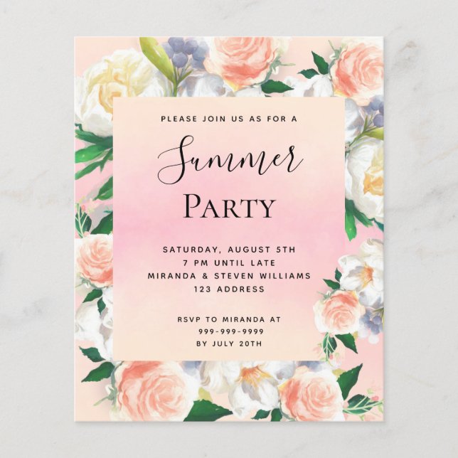 Papier Fête estivale rose floral rose invitation (Devant)