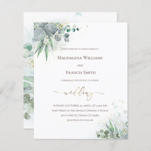 Papier feuillage vert | faire-part de mariage budgétaire (Devant / Derrière)