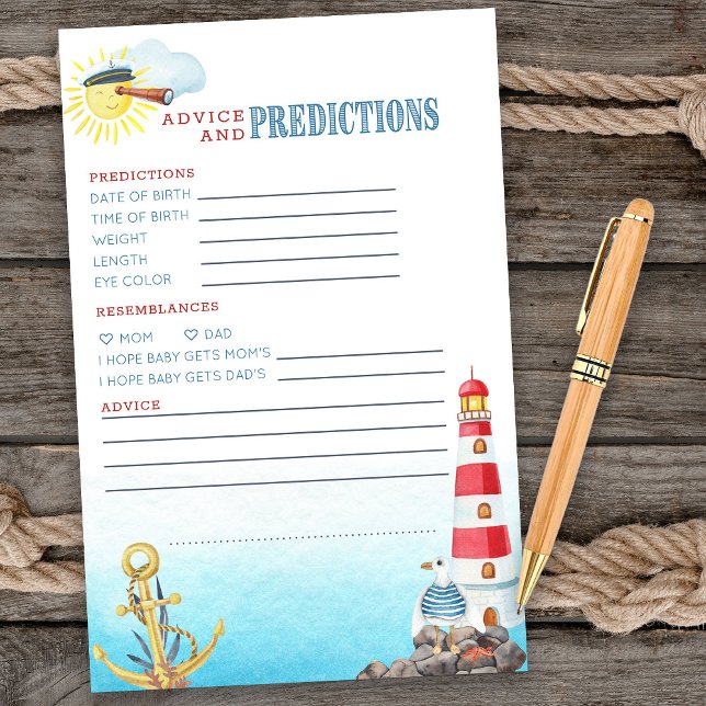 Papier Fiche de conseils et de prévisions sur le Baby sho (Advice & Predictions card from my Ahoy it's a boy Nautical Baby Shower collection)