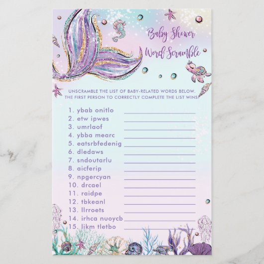 Papier Fiche de jeu de mots de Baby shower Mermaid (Devant)