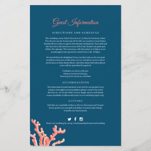 Papier Fiche d'information du mariage d'aquarelle de cora (Dos)