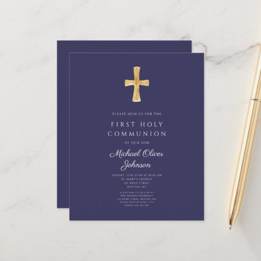 Papier Fiche d'invitation de première communion garçon bl (Devant/Arrière en situation)