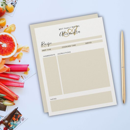Papier Fiches de recettes de script or noir moderne
