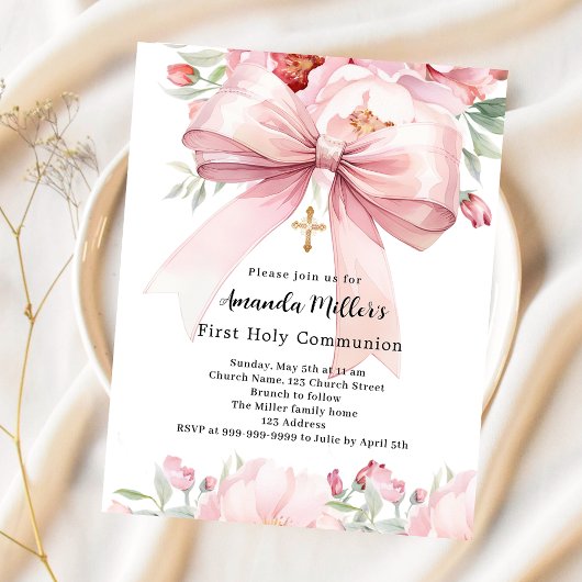 Papier Fille arc rose fille Première communion invitation