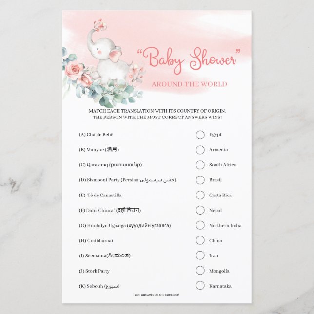 Papier Fille bébé éléphant "Baby shower" autour du monde (Devant)