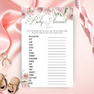 Papier Fille bébé en fleur Baby shower Nom animal Jeu