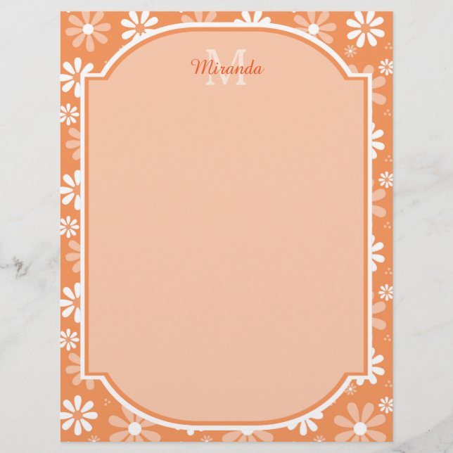 Papier Fille Monogramme mignon Orange Daisy Fleurs et nom (Devant)