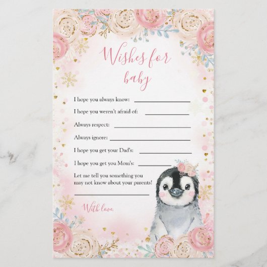 Papier Fille Pingouin hiver Flocon de neige Voeux pour bé (Devant)