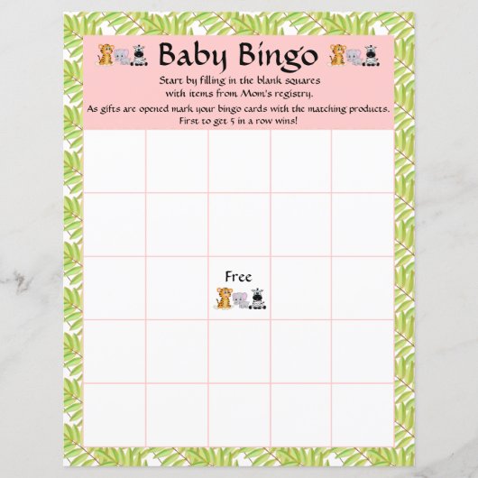 Papier Fille rose Bingo Baby shower Safari Jungle (Devant)