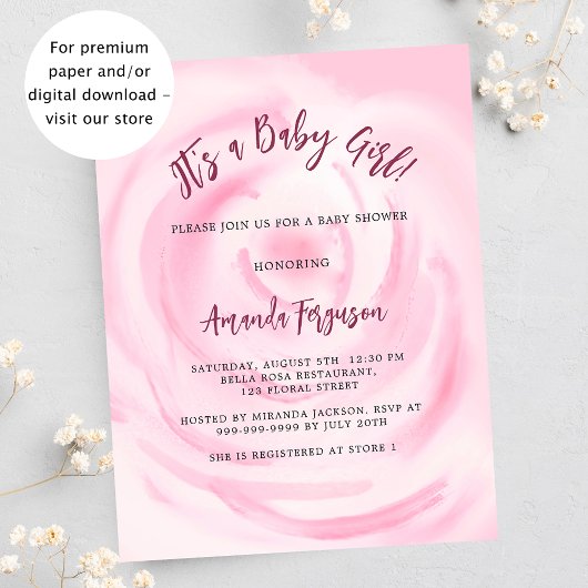 Papier Fille rose florale budget baby shower invitation