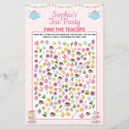Papier Filles Anniversaire Tea Party Trouver Le Jeu Teacu (Devant)