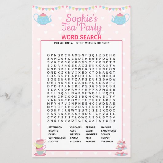 Papier Filles Anniversaire Tea Party Word Search (Devant)