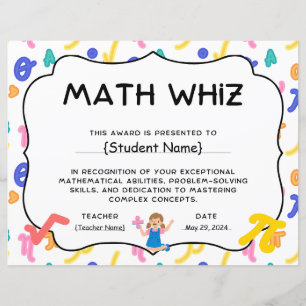 Papier Fin d'année Math Whiz Student Recognition Award
