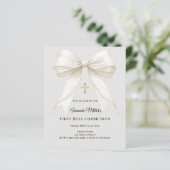 Papier First Communion bow ivory pearls gray invitation (Debout devant)