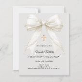 Papier First Communion bow ivory pearls gray invitation (Devant)