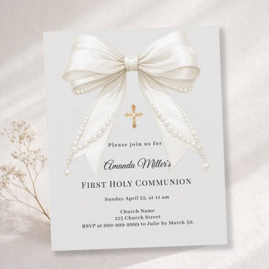 Papier First Communion bow ivory pearls gray invitation